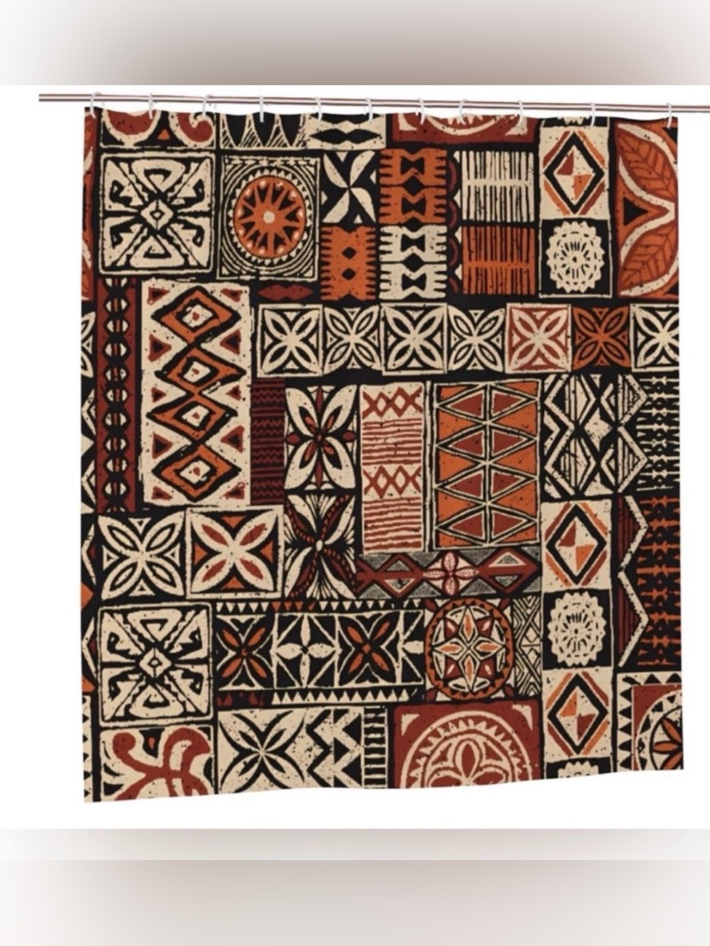 NWT Hawaiian Tribal Tapa Boho Shower Curtain Black, Cream & Orange 72”x 72”
